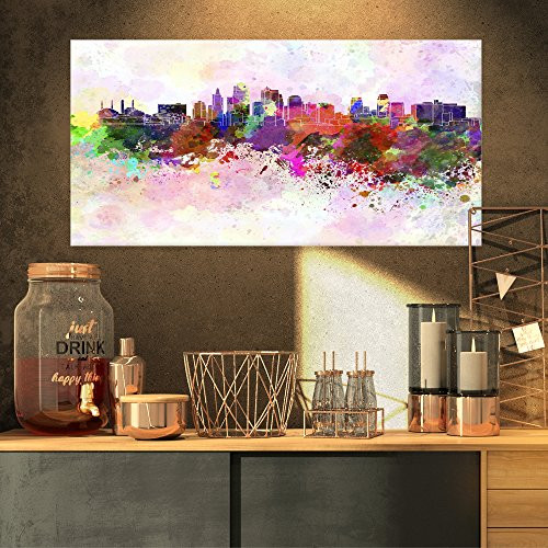 Designart Kansas City Skyline-Cityscape Canvas Artwork Print-32x16, 32x16 Purple