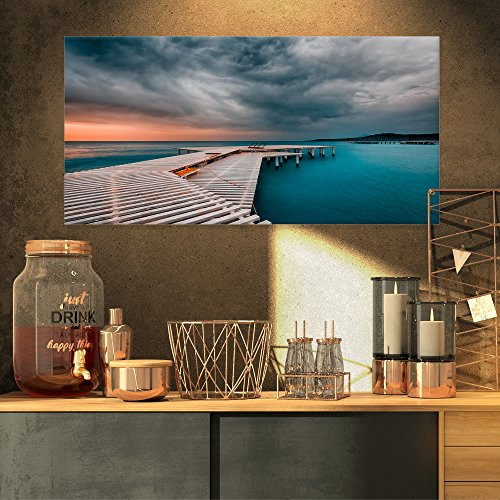Designart PT9333-32-16 Pier in Ocean in Cloudy Day-Seashore Photo Canvas Print-32x16, 32x16, Blue Designart PT9333-32-16 Pier in Ocean in Cloudy Day-Seashore Photo Canvas Print-32x16, 32x16, Blue