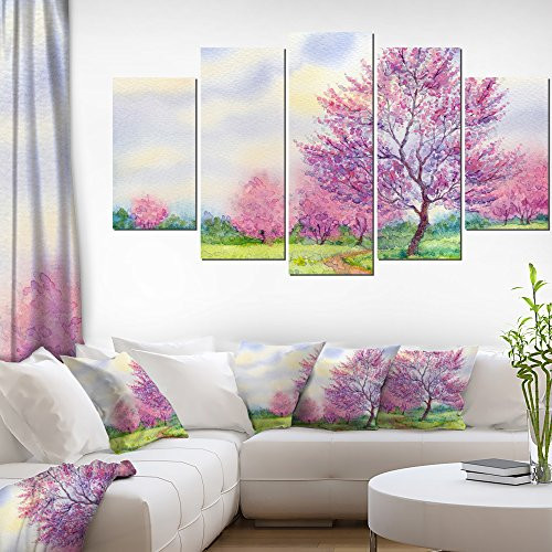Designart Spring Landscape-Floral Canvas Art Print-60x32-5, 60x32-5 Panels Diamond Shape Purple