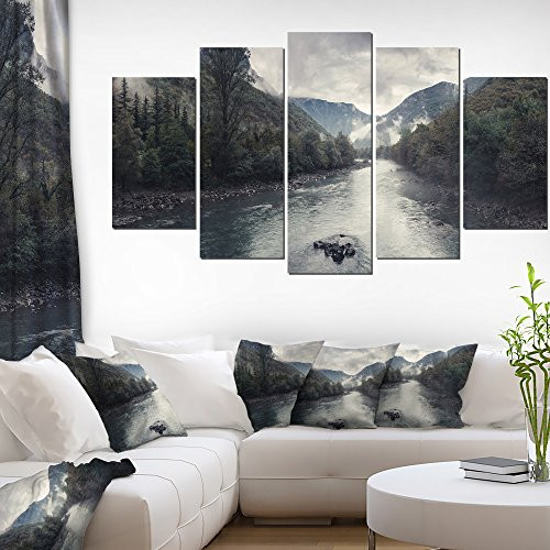 Designart PT11541-373 Mountain River with Fog and Rain-Modern Seascape Canvas Artwork-60x32 5 Piece, 60x32-5 Panels Diamond Shape, Green