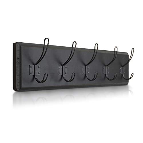 HBCY Creations Rustic Black Coat Rack - Wall Mounted Wooden 24" Entryway Coat Hooks - 5 Rustic Hooks, Solid Pine Wood. Perfect Touch for Your Entryway, Kitchen. (Black)