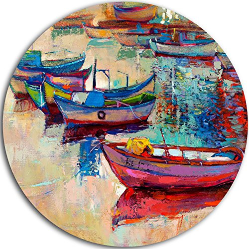 Designart Boats and Ocean Seascape Painting Circle Wall Art - Disc of 23 inch 23'' H x 23'' W x 1'' D 1P Green Designart Boats and Ocean Seascape Painting Circle Wall Art - Disc of 23 inch 23'' H x 23'' W x 1'' D 1P Green