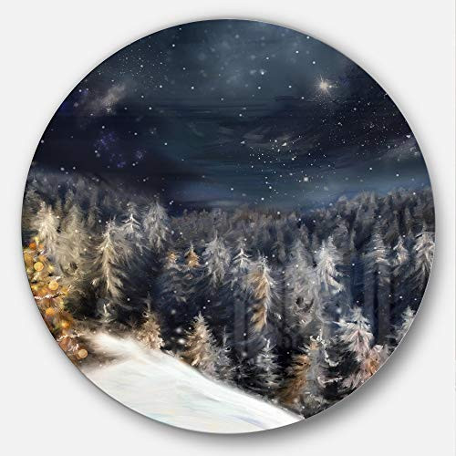 Designart Night Forest Christmas Tree Landscape Digital Circle Wall Art - Disc of 23 inch 23'' H x 23'' W x 1'' D 1P