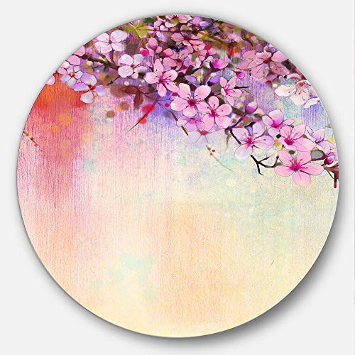 Designart Watercolor Painting Cherry Blossoms- Flower Circle Wall Art- Disc of 23 23'' H x 23'' W x 1'' D 1P Purple