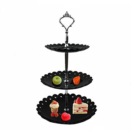 Proshopping 3-tier Plastic Cake stand, Tiered Dessert Stand, Round Cupcake Holder, Fruit Plate Tray, Tea Party Serving Platter, Pastry Pedestal Display Tower - for Wedding Party, Black Silver