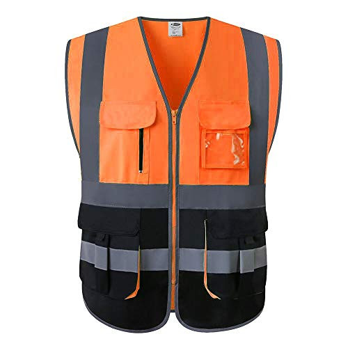 JKSafety 7 Pockets Class 2 High Visibility Zipper Front Safety Vest With Reflective Strips.Meets ANSI/ISEA Standards (Large, Orange-Black)