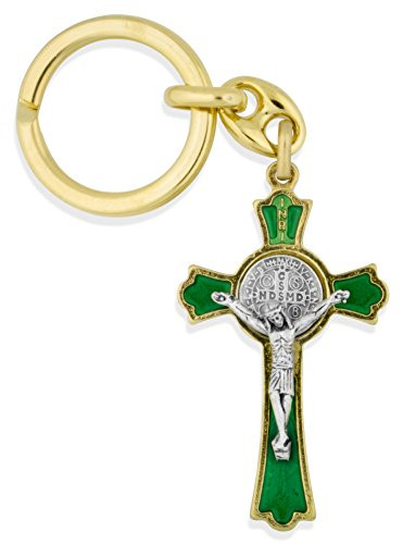 Catholic Saint Benedict Key Chain with 2" Cross Fob (Gold with Green Enamel)