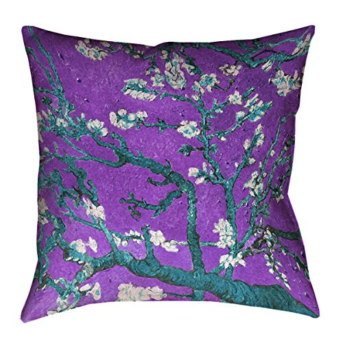 ArtVerse Vincent Van Gogh 14" x 14" Spun Polyester Almond Blossom in Purple and Blue Pillow
