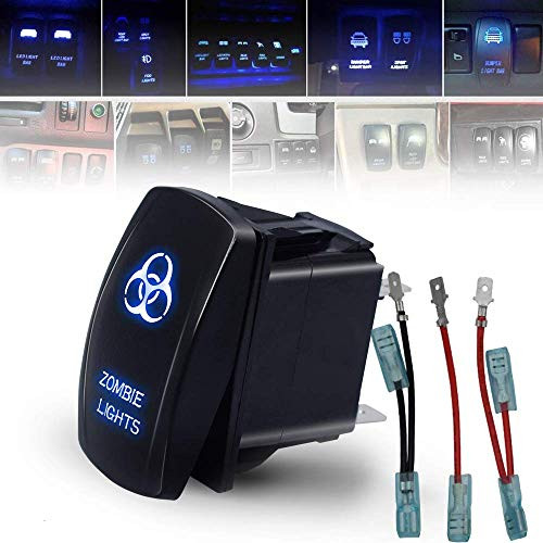 T-Former Zombie Lights Laser Rocker Switch + Jumper Wires ON-OFF LED Light 20A 12V, 5pin, Blue For Jeep Wrangler Ford F150 Off-road, SUV, ATV, UTV
