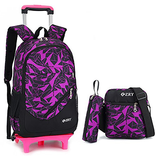 Meetbelify 3Pcs Rolling Backpack Boys Girls Trolley School Bags with Lunch Bag&Pencil Case,2 Wheels,Purple