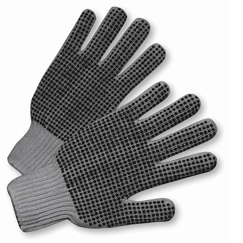 West Chester 708SKBSG Men's"L" Size Gray String Knit Dotted 2 Sides Glove - White Overstitch Dozen