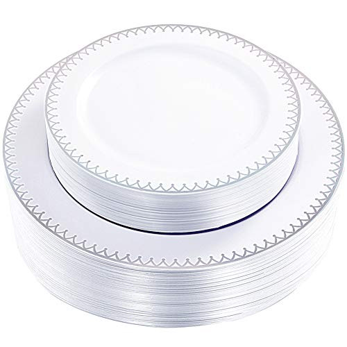 WDF 60 pieces Silver Plastic Plates-Disposable Silver Rim Wedding Party Plates,Premium Heavy Duty 30-10.25" Dinner Plates and 30-7.5" Salad Plates Combo WDF 60 pieces Silver Plastic Plates-Disposable Silver Rim Wedding Party Plates,Premium Heavy Duty 30-10.25" Dinner Plates and 30-7.5" Salad Plates Combo