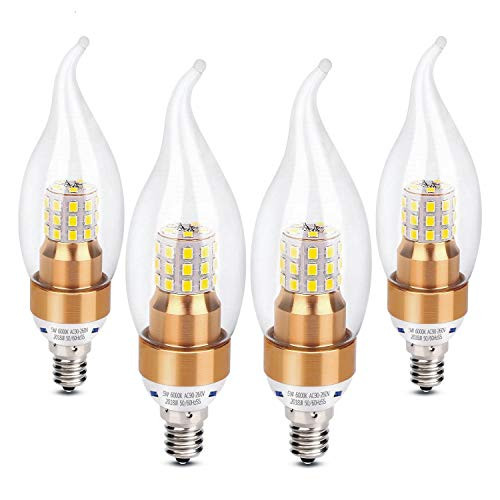 Yitrade LED E12 Candelabra Base Bulb Chandelier Light Bulbs 5W 6000K Daylight White 500LM, 40W Equivalent, Non-Dimmable, C35 Clear Glass Flame Shape Bent Tip, 360 Degrees Beam Angle [4-Pack]