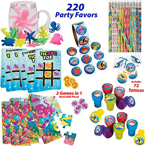 Under the Sea Party Favors for 12 Kids | Shark, Mermaid, Luau, Ocean Theme Party Supplies | Bracelets, Sea Life Stampers, Shark Tattoos, Ocean Animal Stickers, Sealife Puzzle and Tic-Tac-Toe Games, Water Growing Sea Creatures for Goody Bags