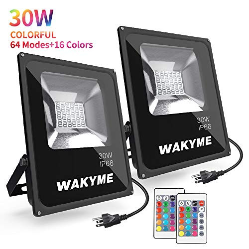 LED Flood Light, WAKYME 30W RGB Color Changing Floodlight with Remote Control, IP66 Waterproof, 64 Modes 16 RGB Colors Dimmable Wall Washer Light, Stage Lighting with US ETL 3-Plug, 2 Sets