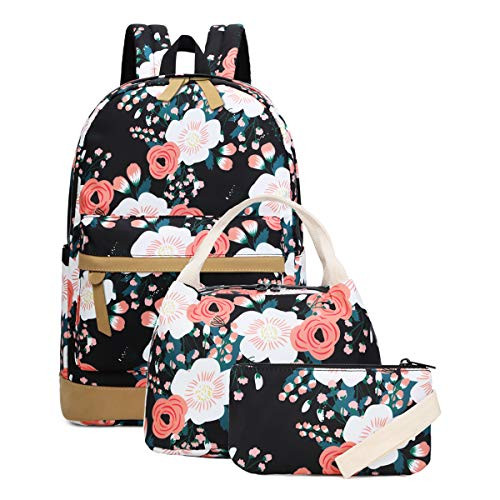 School Backpack for Teen Girls School Bags Lightweight Kids Girls School Book Bags Backpacks Sets (01 Black/Floral)