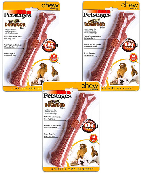 (3 Pack) Petstages Dogwood Durable Real Wood Dog Chew Toy for Small Dogs,Mesquite Flavor, Medium