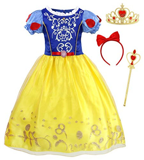 HenzWorld Little Girls Princess Snow White Dress up Costumes Halloween Cosplay Birthday Party Outfits Bow Headband Accessories 6-7 Years