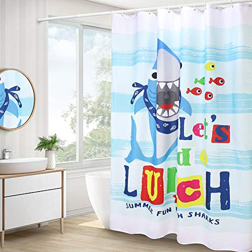 Aoohome Cute Animal Pattern Shower Curtain, Shark Decor Polyester Bathroom Curtain with Hooks, Heavy Duty, Weighted Hem, Waterproof, Blue, 70W x 78L Inch