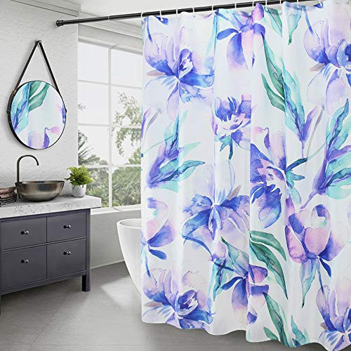 Aoohome Water Color Fabric Shower Curtain, Heavy Weight Purple Flora Design Bath Curtain with Hooks, Weighted Hem, Waterproof, 70W x 78L Inch