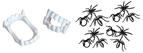 Plastic White Vampire Dracula Fangs & Black Spider Rings - 144 + 288 Pack