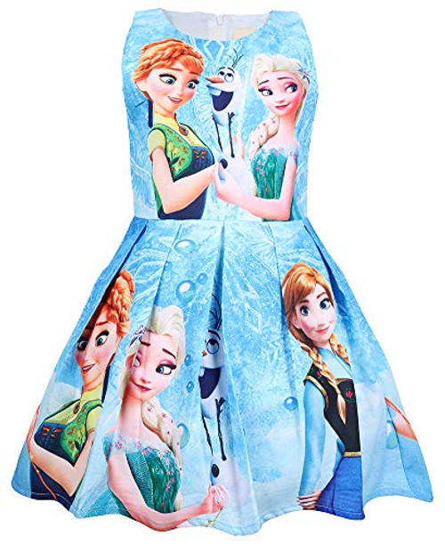 WNQY Princess Anna Costume Party Dress Little Girls Cosplay Dress up (Blue,140/6-7Y)