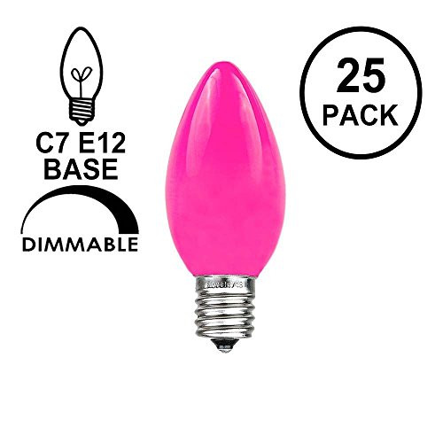 Novelty Lights 25 Pack C7 Outdoor String Light Ceramic Christmas Replacement Bulbs, Pink, C7/E12 Candelabra Base, 5 Watt
