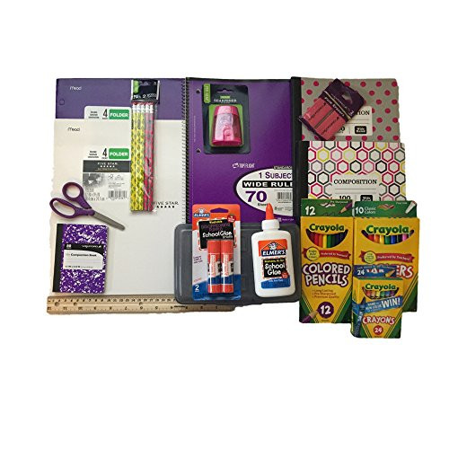 Back to School Supplies Bundle Includes Crayola Markers/Colored Pencils/Crayons, Elmers Glue/Glue Stick, Composition Books Wide Ruled, Pencil Box, Five Star Folders and more.