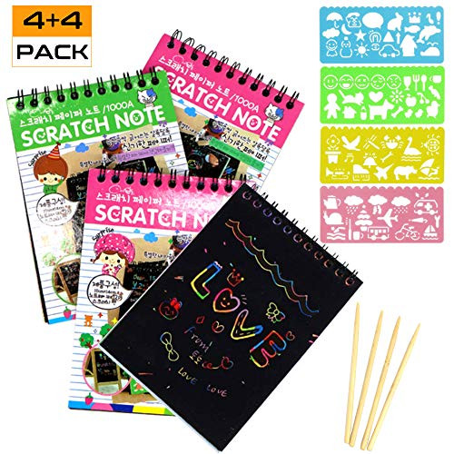 kayhan Rainbow Scratch Paper Notes Scratch Art Activity Books Scratch Magic Doodle Note Pad for Kids Arts and Crafts Perfect Travel Activity or Gift for Girls Boys Teens (Mini-4 Pack)