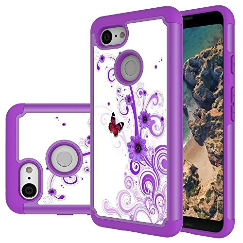 Pixel 3 case, Google Pixel 3 case, MAIKEZI Hybrid Dual Layer TPU Plastic Armor Defender Phone Case Cover for Google Pixel3 (Armor Purple Flower)