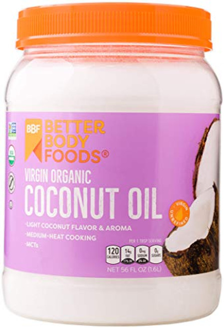 BetterBody Foods Organic Virgin Coconut Oil Cold-Pressed and Unrefined Coconut Oil, Medium Temperature Cooking Oil, Great Alternative To Butter, Light Coconut Flavor and Aroma, 56 Ounce BetterBody Foods Organic Virgin Coconut Oil Cold-Pressed and Unrefined Coconut Oil, Medium Temperature Cooking Oil, Great Alternative To Butter, Light Coconut Flavor and Aroma, 56 Ounce