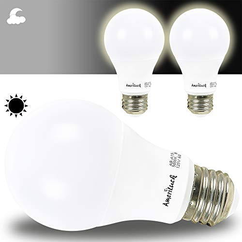 AmeriLuck Dusk to Dawn Auto On/Off Smart LED Light Bulbs A19, 60W Equivalent (9W) 800Lumens (3000K | Warm White, 2 Pack)