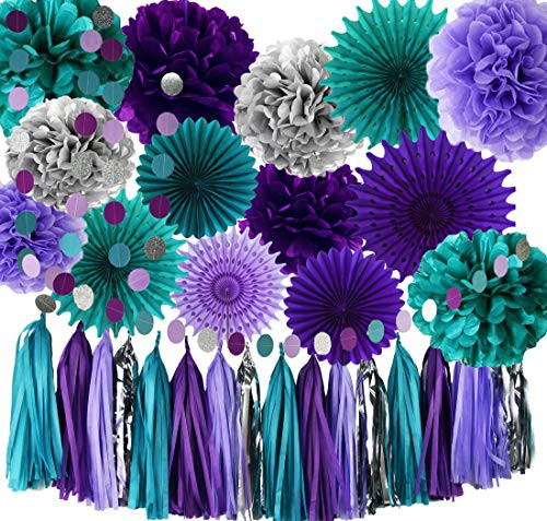 Mermaid Party Decorations Mermaid Birthday Party Supplies Teal Purple Silver Tissue Pom Pom Mermaid Bridal Shower Decorations Under The Sea Party Decor