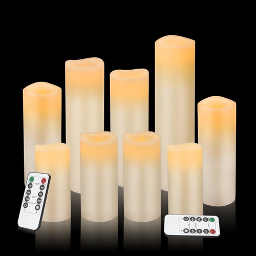 Flameless Candles Battery Operated Candles 4' 5' 6' 7' 8' 9' Set of 9 Ivory Real Wax Pillar LED Candles with 10-key Remote and Cycling 24 Hours Timer