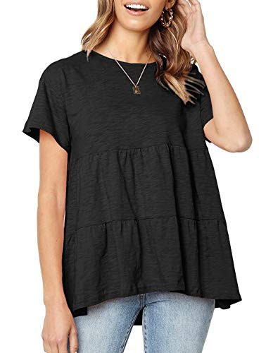 Women's Short Sleeve Flounce Blouse Loose Solid Ruffle High Low Hem Tunic Top Casual Round Neck T Shirt (XXL, Black)