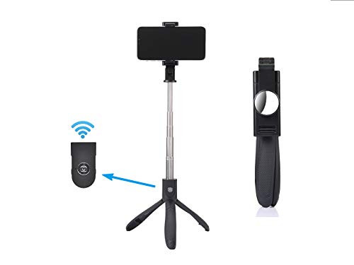 Selfie Stick Tripod, Extendable Selfie Stick Bluetooth with Remote Control and Mirror for iOS and Android Phones, Black