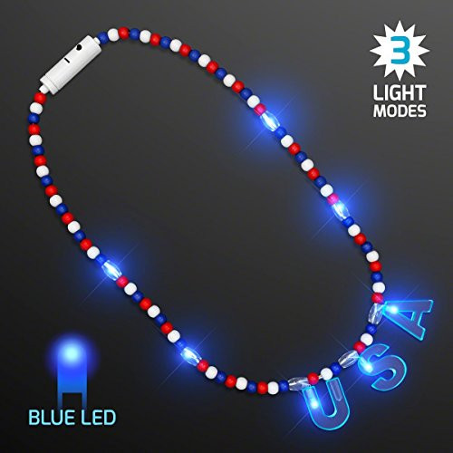 FlashingBlinkyLights Blue Light Up USA Patriotic Bead Necklace for Fourth of July