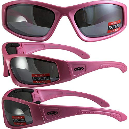Global Vision Triumphant 2 Padded Motorcycle Sunglasses Gloss Pink Frames Flash Mirror Lenses ANSI Z87+