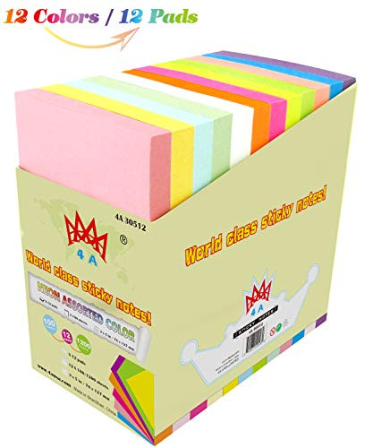 4A Sticky Notes,3 x 5 Inches,Neon Assorted,12 Colors,Self-Stick Notes,100 Sheets/Pad,12 Pads/Pack,4A 30512
