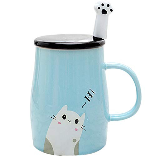 JANTONOR Blue Cat Mug, Cute Cat Ceramic Coffee Mug with Spoon and Lid, Novelty Coffee Mug Gift for Kitty Lovers