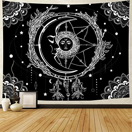 Moon and Sun Tapestry Psychedelic Bohemian Mandala Wall Tapestry Black and White Indian Hippy Celestial Tapestry Starry Dreamcatcher Tapestry Wall Hanging for Bedroom Living Room Dorm (W92.5"×H70.9")