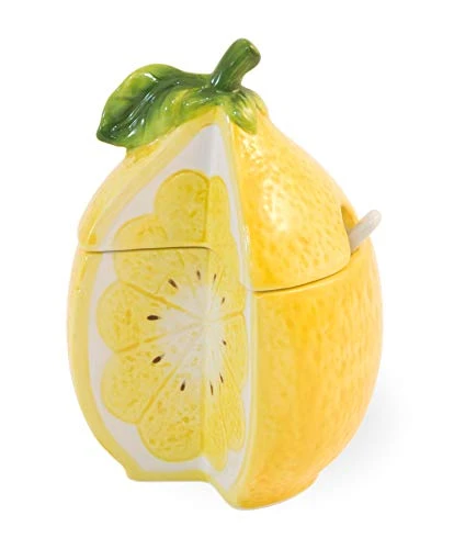 Boston International YEM19207 Ceramic Sugar Bowl with Lid and Spoon, 3 x 5-Inches, Lemon Drop