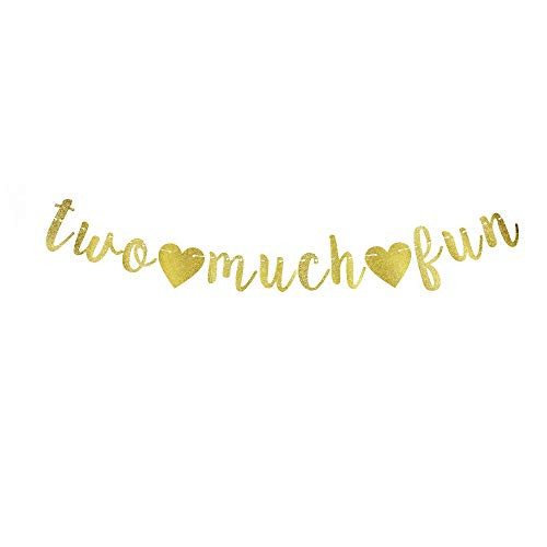 Two Much Fun Banner, Kids/Girls/Boys' 2nd Birthday Party Decorations Gold Gliter Paper Sign