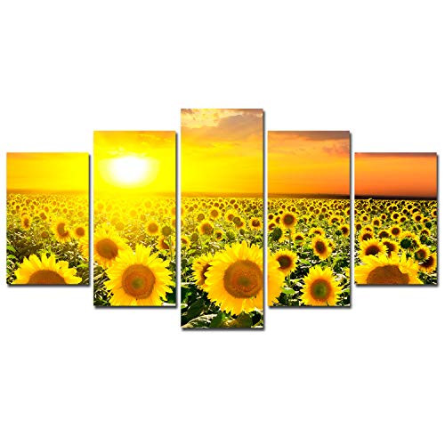 Canvas Wall Art Sunflower Painting - Elegant Modern Artwork Sunshine Flowers Pictures Giclee Print Landscape Wall Decoration Sunset Floral Home Office Decor Living Room Bedroom 5 Pieces Unframed