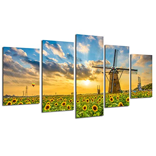 Windmill Painting Sunflower Wall Art -Fire balloon Field Sunset Cloudy Landscape Poster Artwork Modern Home Decor Kitchen Decoration Canvas Pictures for Living Room 5 Piece Unframed Giclee Print