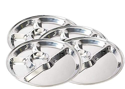 Pack of - 4 Stainless Steel Round Five Compartment Thali, Indian Dinner Thali, Picnic Lunch Thali, Compartment Lunch Thali - 12 Inch