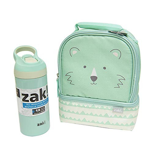 Zak Designs Soft Lines - Two Compartment Insulated Lunch Bag and Water Bottle Set; Zipper Opening, Anti-Microbial Liner, and Inner Pocket Design is Perfect for School Kids (Teddy Bears, BPA-Free, 2pc)
