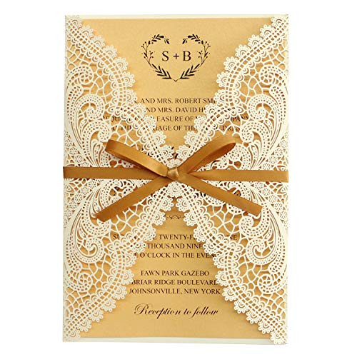 Picky Bride 25pcs Luxury Yellow Gold Wedding Invitations with Envelopes, Bridal Shower Invitations, Laser Cut Wedding Invites, Multi-Colors Available 125x185mm (Gold)