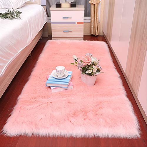 Roniky Soft Faux Sheepskin Plain Chair Cover Seat Pad Shaggy Area Rugs for Floor Bedroom Sofa Ivory White 2ft x 3ft (Pink, 3ft x 5ft Rectangle)