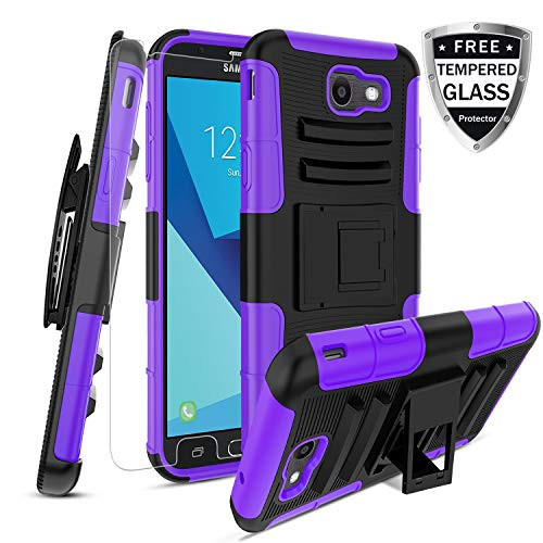 Compatible with Galaxy j3 2017 Case/J3 Emerge/J3 Prime/J3 Eclipse/J3 Mission/J3 Luna Pro S327/Amp Prime 2/Express Prime 2/Sol 2 with Tempered Glass Screen Protector Kickstand Belt Clip(Purple)